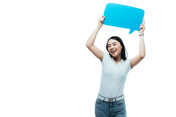 happy asian girl holding blue blank speech bubble isolated on white