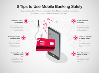 Aufkleber - Infographic for 6 tips to use mobile banking safely with smart phone red credit card and fishing hook, isolated on light background. Easy to use for your website or presentation.