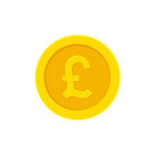 British Pound Golden Coin. Flat Icon Isolated On White. Vector Illustration
