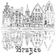 Vector Black And White Scenic City View Of Bruges Canal With Beautiful Medieval Houses, Belgium