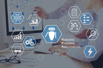 Robotic Process Automation (RPA) technology automate business tasks with direct integration of robots in company software user interface, concept with icons and people working in office on computer