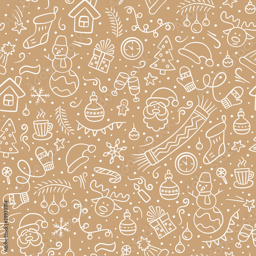 Materiał do szycia Merry Christmas. Seamless pattern with Santa Claus, christmas tree, reindeer, snowman, gift, snowflake and other. Vector hand drawn illustration in doodle and cartoon style.