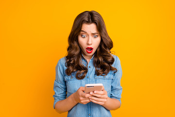 Wall Mural - photo of curly wavy cute brunette nice charming casual girl having seen disappointing message on her