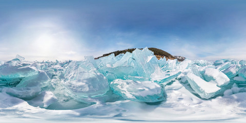 Wall Mural - Blue hummocks of winter Lake Baikal in the afternoon under a blue sky. Spherical panorama 360vr