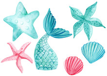 Set Of Watercolor Drawings, Starfish, Fishtail, Mermaid On An Isolated White Background, Watercolor Illustration