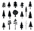Set of tree icons. Black silhouet isolated on a white background. Winter pines in the forest.