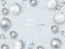 Christmas Silver Background With Realistic  Balls And Fir Cones . Vector Top View Illustration. 