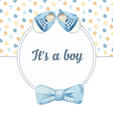 Watercolor Round Blue Frame For Cute Boy With Bow Bowtie And Boy's Boots
