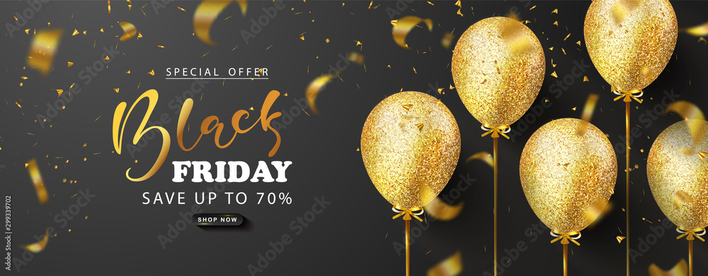 Black friday sale background with beautiful golden balloons and flying serpentine. Modern design.Universal vector background for poster, banners, flyers, card,advertising brochure - obrazy, fototapety, plakaty 
