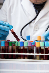 Wall Mural - technician holding a blood sample tube for analysis in the laboratory