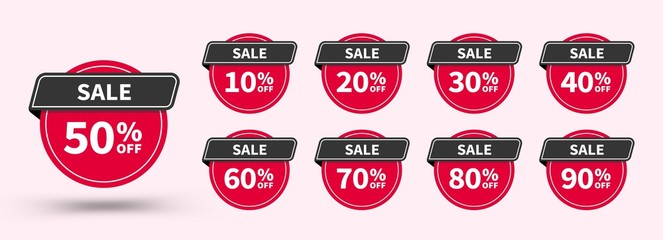 Poster - Sale tags set template, up to 10, 20, 30, 40, 50, 60, 70, 80, 90 percent off. Templates ready for use in ad design, web and print design. Trendy red flat discount banners or stickers.