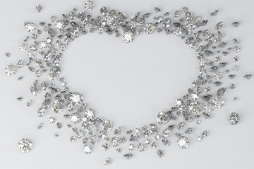 Multiple diamonds scattered in heart shape frame on white background