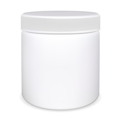 Wall Mural - Medicine pill bottle. Plastic vitamin jar. Package mockup blank for capsule. Supplement container 3d design template. Supplement packaging rof remedy. Sport nutrition protein canister