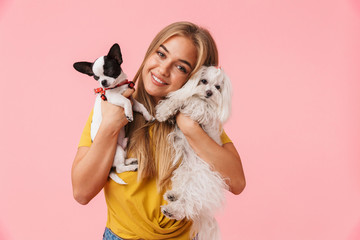 Sticker - Cute lovely girl playing with her pet chihuahua