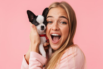 Sticker - Cute lovely girl playing with her pet chihuahua