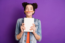 Portrait Of Funny Funky Girl Do Essay Want Rest Relax Make Break Pause Fool Grimace Pencil Between Nose Lips Pouted Plump Hold Note Book Wear Trendy Jeans Clothes Isolated Violet Color Background