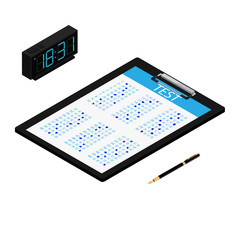 Poster - Test, exam paper on clipboard, digital clock and pen isometric view. Exam, or survey concept icon. School test. School exam.