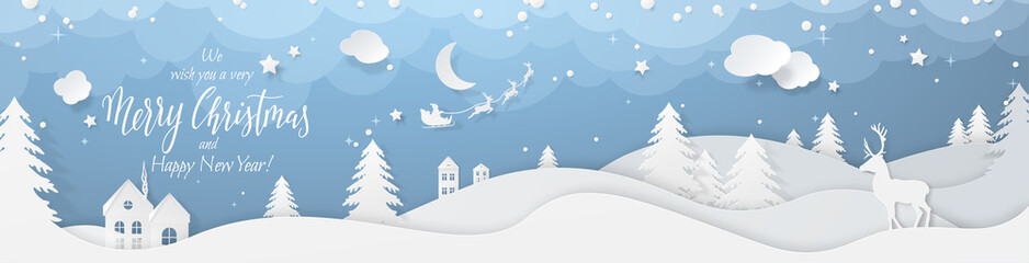 winter landscape with deer paper cut-out and fir trees in snow. festive horizontal banner with text 