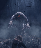 Girl hiding from Monster,3d illustration