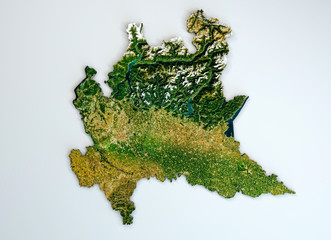 Satellite view of the Lombardy region. Italy. 3d render. Physical map of Lombardy, plains, mountains, lakes, mountain range of the Alps