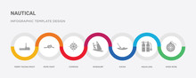 7 Filled Icon Set With Colorful Infographic Template Included Wind Rose, Aqualung, Kayak, Windsurf, Compass, Rope Knot, Ferry Facing Right Icons