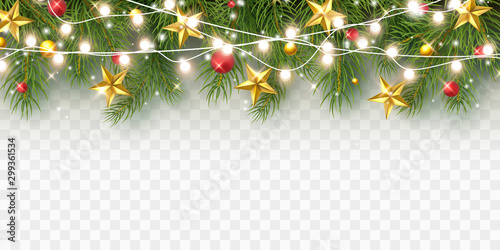 Fotomural Border with green fir branches, stars, lights isolated on transparent background