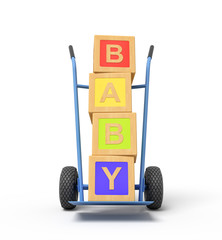 Poster - 3d rendering of colorful alphabet toy blocks showing 'BABY' sign on a hand truck