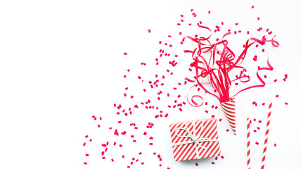 Wall Mural - celebration anniversary and party concepts ideas with red gift box present and confetti element on w