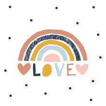 Decorative Colorful Stripy Rainbow With Hearts On Dotty Background. Love Paper Cut Lettering. Scandinavian Style Childish Boho Illustration Isolated On White In Vector. Nursery Poster Print Design