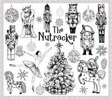 Big Set Of Hand Drawn Sketch Style Characters And Different Objects Related To The Nutcracker Fairy Tale Isolated On White Background. Vector Illustration.