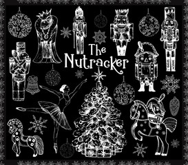 Wall Mural - Big set of hand drawn sketch style characters and different objects related to The Nutcracker fairy tale isolated on black background. Vector illustration.