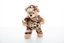 Cute Teddy Bear In Soldier Uniform Isolated Against White Background