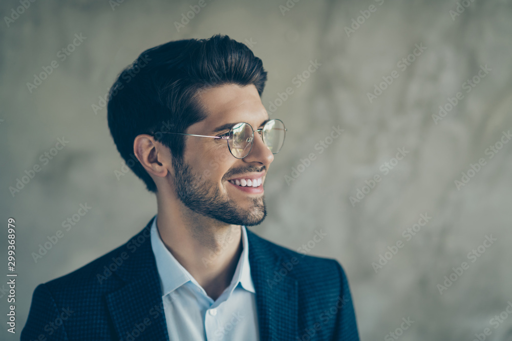 Profile side photo of positive businessman look copyspace dream about his own enterprise wear modern outfit isolated over grey color background - obrazy, fototapety, plakaty 