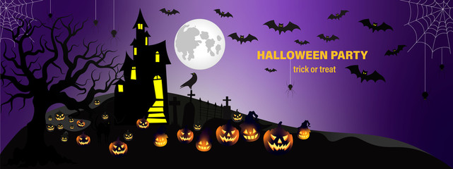 Happy Halloween banner or party invitation background with Horror moon, bat, tree cat, spiders, and pumpkins in the gothic panorama. Vector illustration. The full moon in the sky, spiders web. Place f