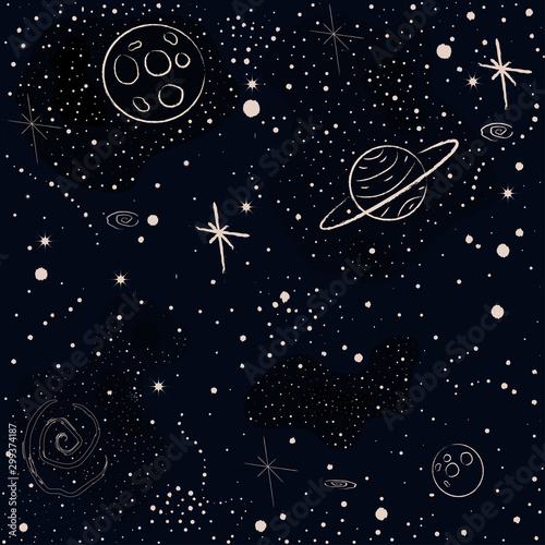 Cotton fabric Seamless Cosmic Pattern with stars, planets, rocket, spiral galaxies and constellations
