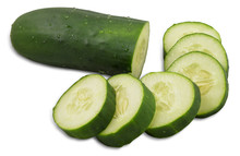 Fresh Halved And Sliced Cucumber On White Background With Clipping Path