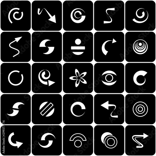Design elements set. White geometric icons on black backdrops.