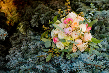 Wall Mural - Wedding bouquet on a green bush.