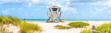 Panorama With Lifeguard Tower On The Beach In Fort Lauderdale, Florida USA