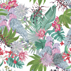  Watercolor painting seamless pattern with exotic flower and tropical leaves, pink cockatoo