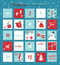 Vector Christmas Advent Calendar. Winter Holidays Poster With Dates. Cute Decoration Xmas Day Celebration.	