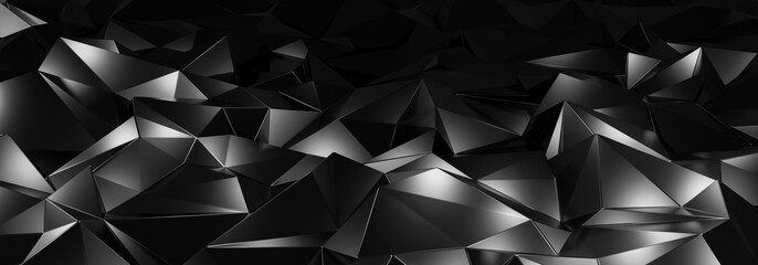 Poster - 3d ILLUSTRATION, of black abstract crystal background, triangular texture, wide panoramic for wallpaper