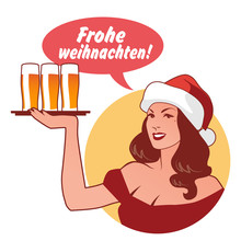 Beautiful Girl Wearing A Santa Claus Hat, Holding A Tray With Beers, Saying "Merry Christmas" In German Language. Retro Style
