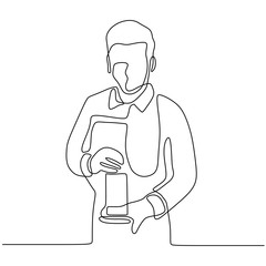 Wall Mural - continuous one line drawing of waitress holding a serving tray . Character employee of a cafe, a restaurant at work. 240919n