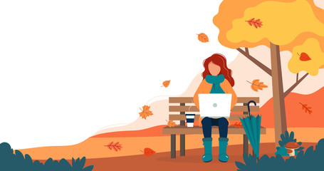 Wall Mural - Girl with laptop sitting on bench in autumn. Cute vector illustration in flat style.