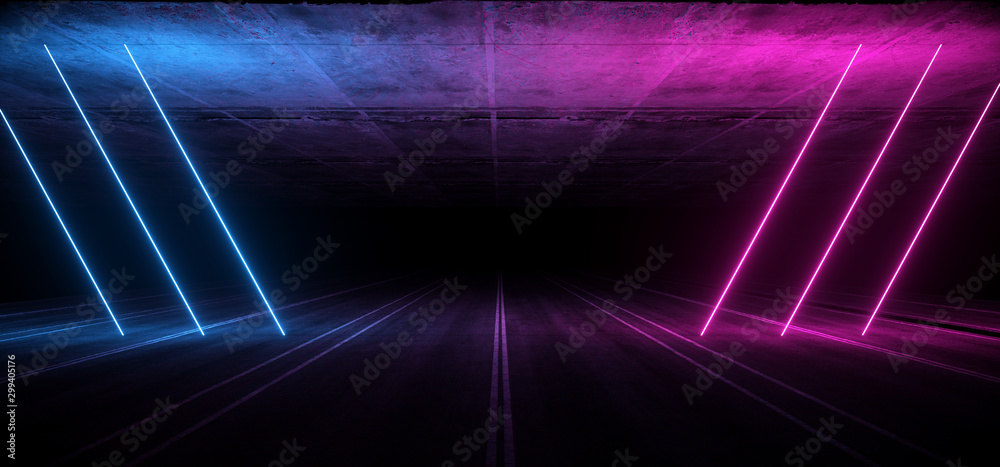 Asphalt Road Sci Fi Futuristic Neon Glowing Laser Show Tunnel Corridor Underground Garage Warehouse Triangle Shape Purple Blue 3D Rendering - obrazy, fototapety, plakaty 