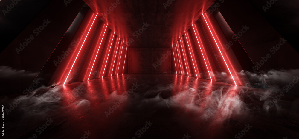 Orange Red Glowing Pylons Cement Concrete Hallway Tunnel Corridor Dark Underground Garage Gallery Stage Sci Fi Futuristic Modern Background 3D Rendering - obrazy, fototapety, plakaty 