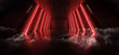 Orange Red Glowing Pylons Cement Concrete Hallway Tunnel Corridor Dark Underground Garage Gallery Stage Sci Fi Futuristic Modern Background 3D Rendering