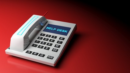 Poster - A white modern cordless telephone has the blue write SUPPORT on its screen and lays on a red desk - 3D rendering illustration