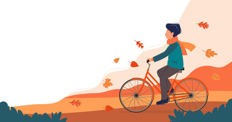 Wall Mural - Man riding bike in the park in autumn. Cute vector illustration in flat style.